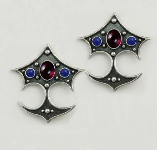 Sterling Silver Gothic Drop Dangle Earrings With Garnet And Lapis Lazuli